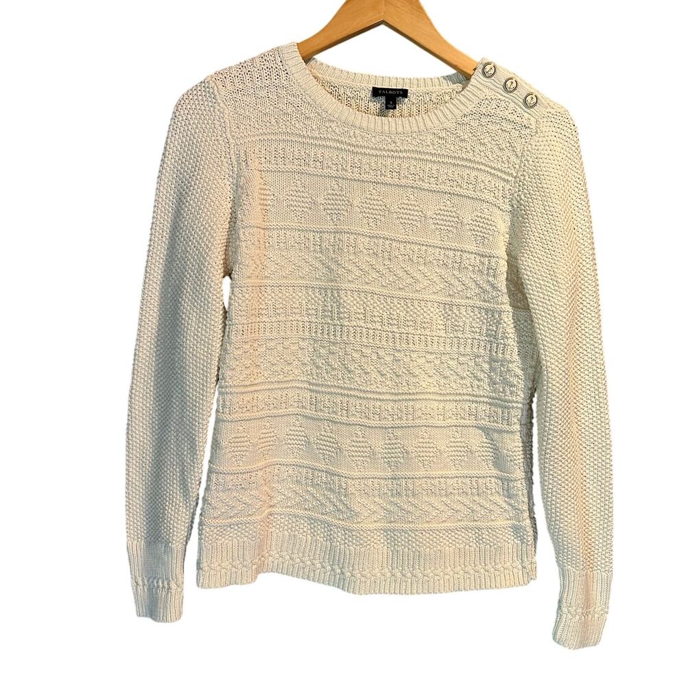 Talbots Size Small Sweater Preppy Warm Cream 100% cotton Timeless Anchor buttons
